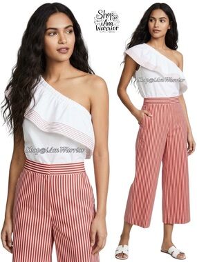 Farrow wide ruffle one shoulder embroidered striped top *shop@iamwarrior